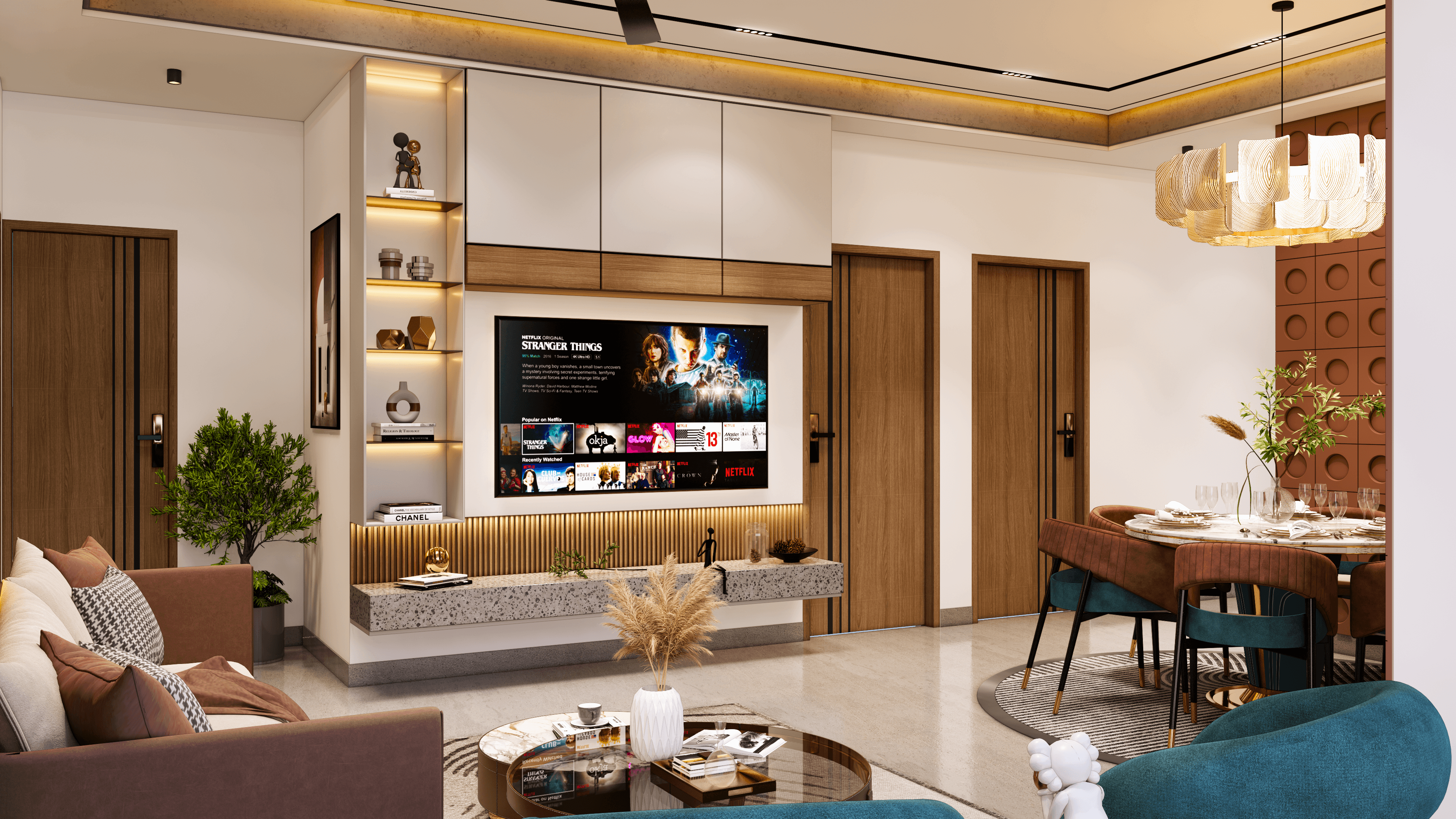a luxury living room with tv unit, wall panelling, dining table and sofa